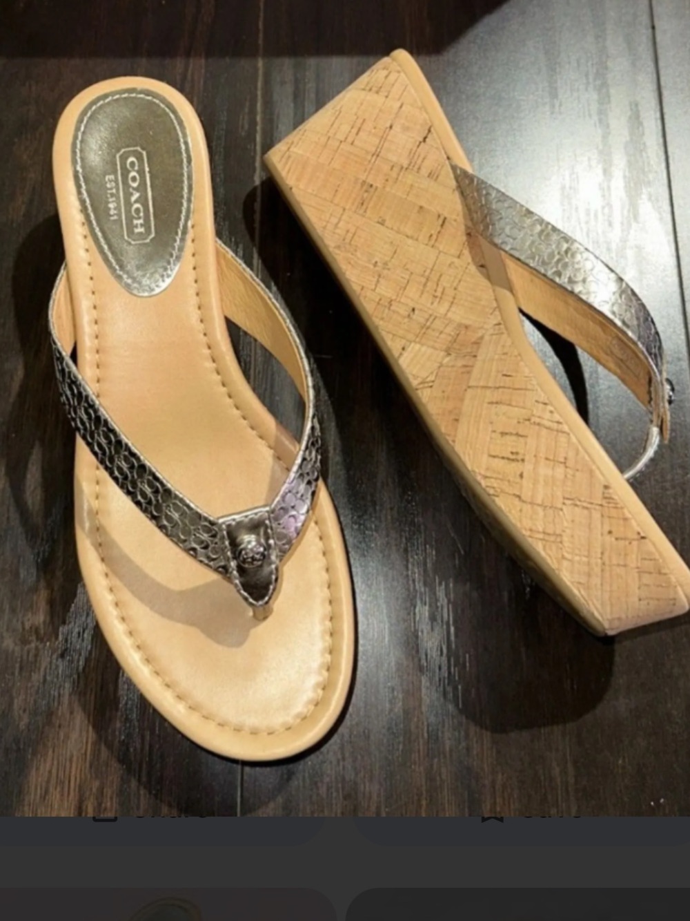 Coach Metallic Silver Thong Wedge Sandals 7